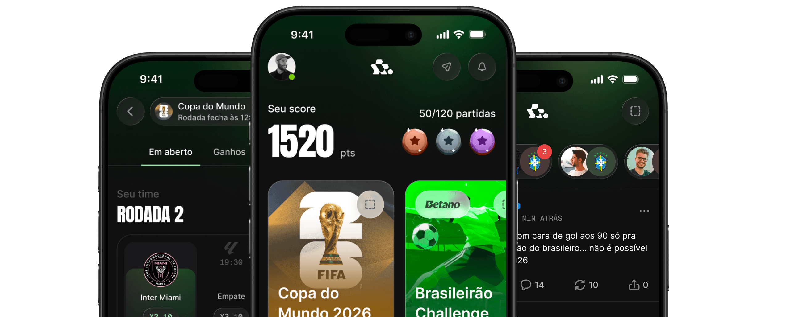 Preview do feed community e dos channels do app Footballs em três iPhones