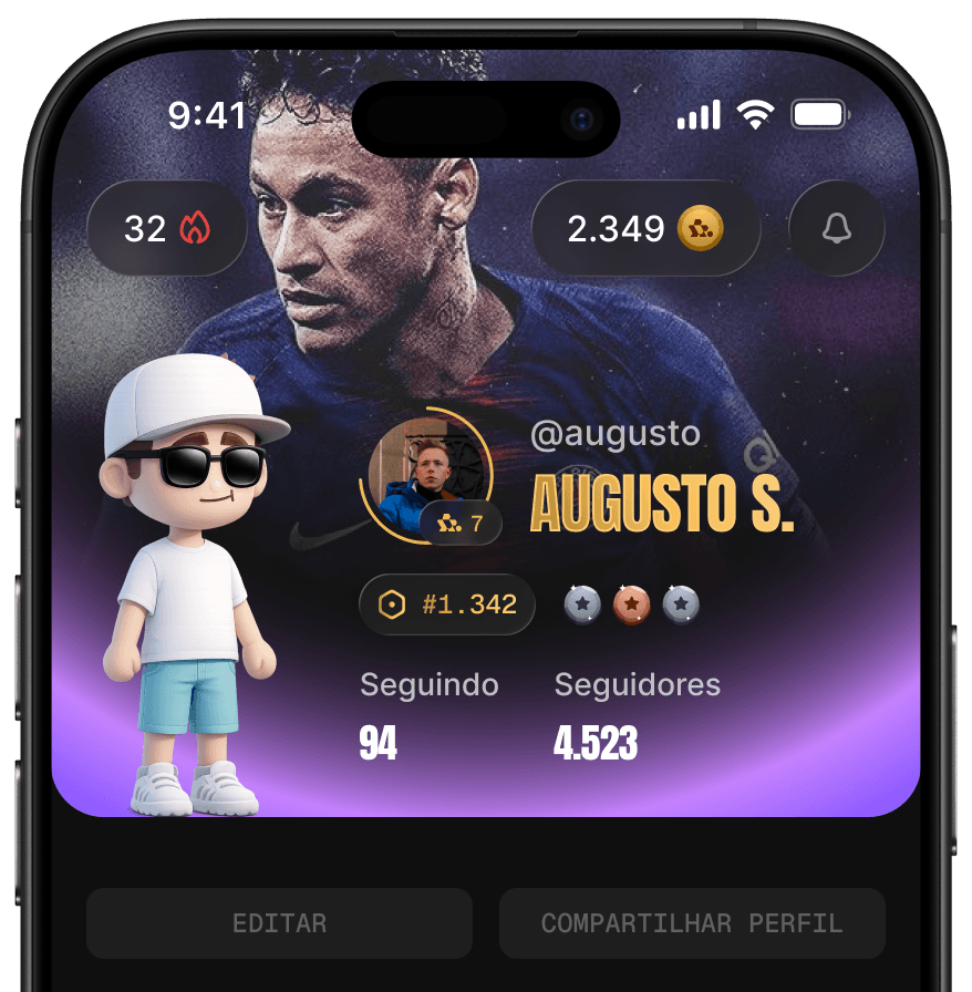 Mockup do perfil do app Footballs com avatar, ranking e medalhas